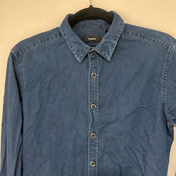 Theory Mens Blue Denim Long Sleeve 100% Cotton Button Up Shirt Size Small - Picture 2 of 6